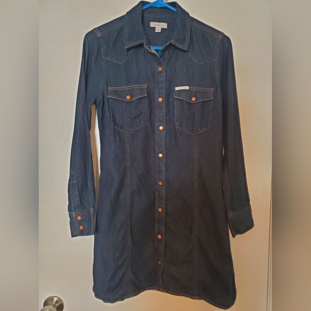 Calvin Klein Dark Wash Denim Dress Long Sleeve Small S